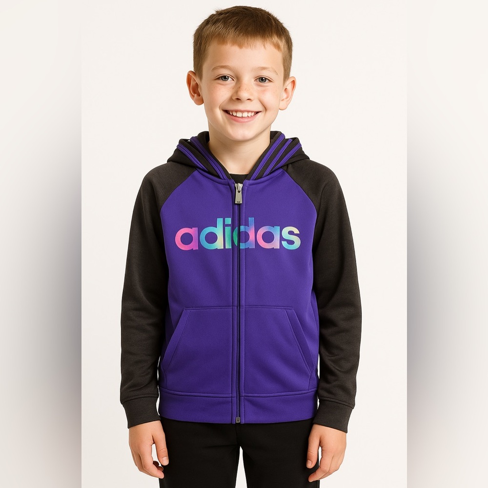 Adidas Youth 10–12‎ Full Zip Hoodie Jacket Purple Black Sleeves Iridescent Logo